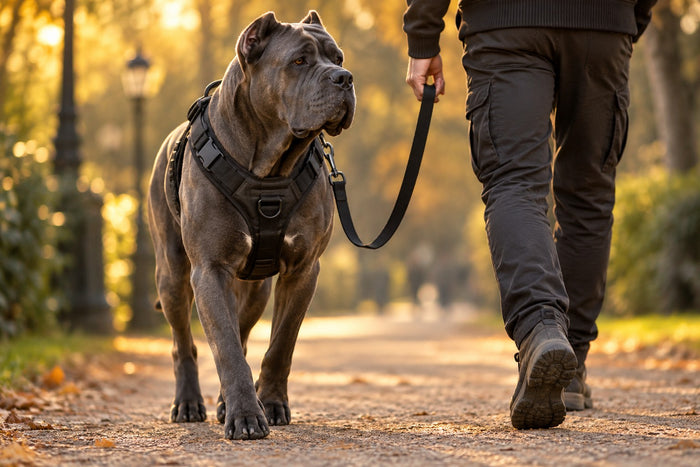 Cane Corso marchant au pied avec un harnais anti-traction rembourré