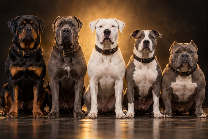 Rottweiler, Cane Corso, Dogue Argentin, Amstaff et American Bully assis côte à côte