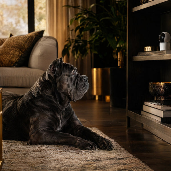 Cane Corso seul sur un tapis de salon regardant une caméra pour chien – Gros Chien