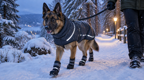 Berger allemand en manteau imperméable réfléchissant et bottes de protection lors d'une promenade dans la neige