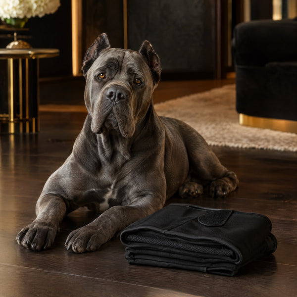 Cane Corso allongé près d'une culotte hygiénique lavable pliée – Gros Chien
