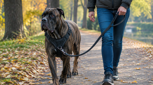 Cane Corso en harnais anti-traction en Y, laisse attachée à l'anneau avant du poitrail