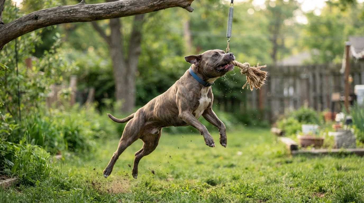 Grand chien athlétique tirant sur un jouet suspendu au bout d'un flirt pole