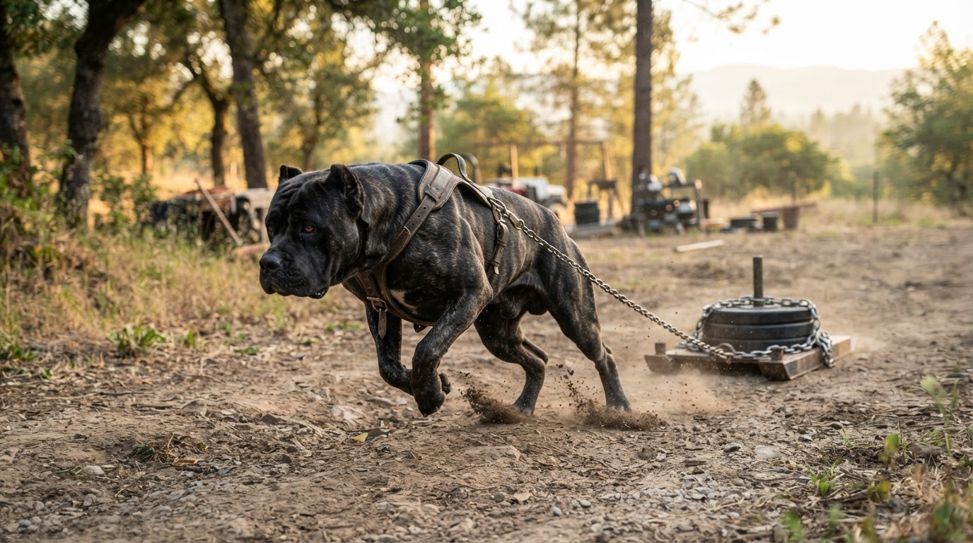 Grand chien musclé en pleine séance de musculation en extérieur