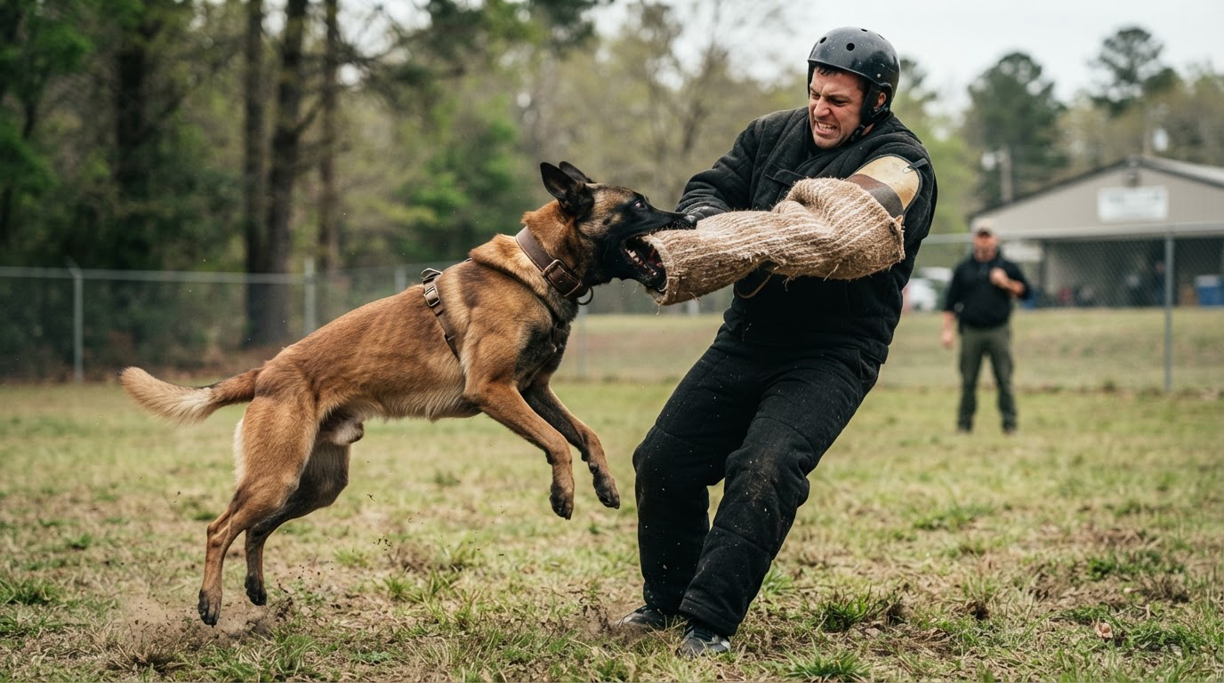 Chien mordant un boudin tenu par un homme d'attaque lors du dressage au mordant