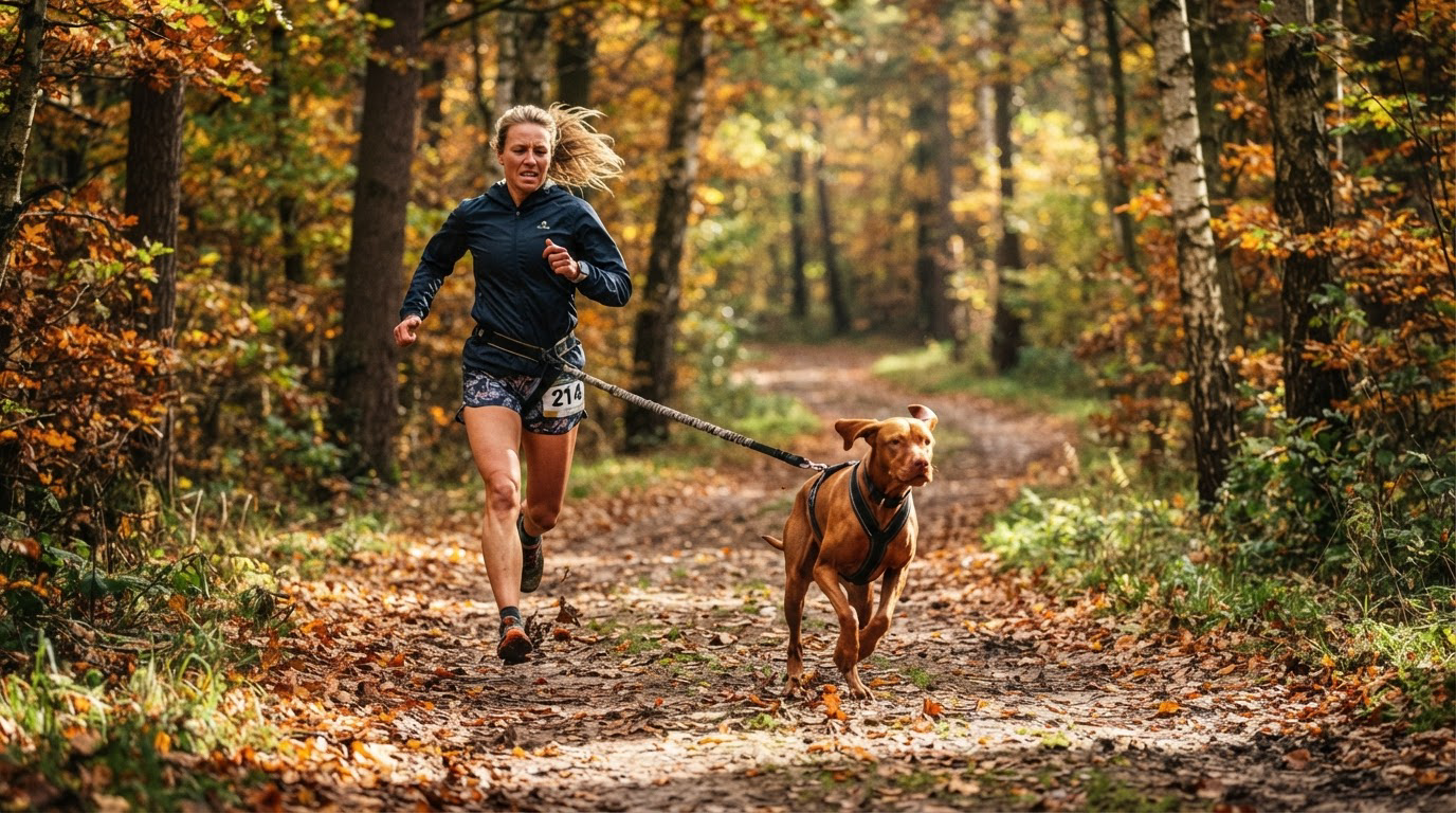 Coureur relié à son chien par une ligne élastique en canicross en forêt