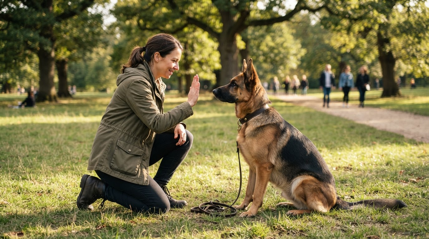 Dressage gestuel : une personne fait un signe de la main, un grand chien attentif