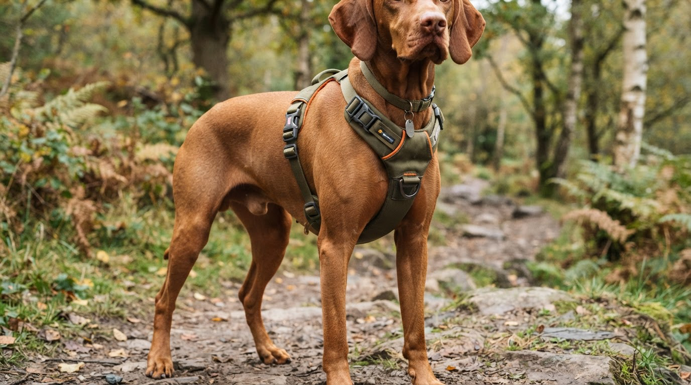 Gros chien portant un harnais bien ajusté en extérieur
