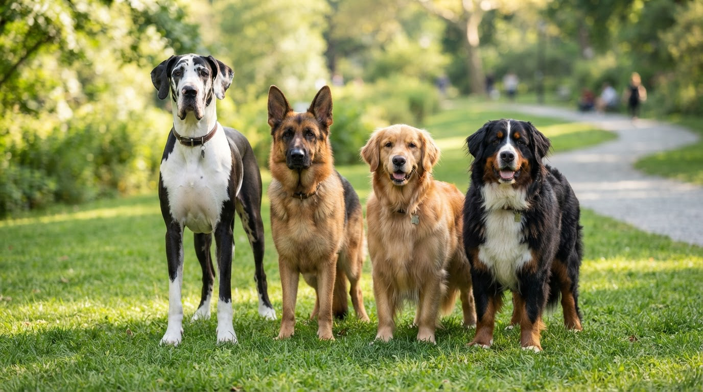 Plusieurs grandes races de chiens réunies dans un parc
