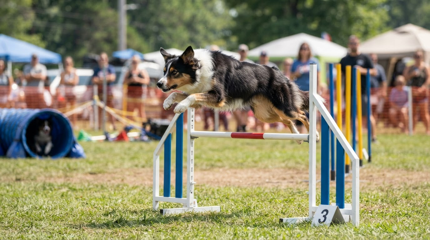 Chien franchissant une haie sur un terrain d'agility