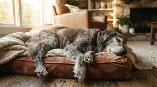Grand chien senior se reposant paisiblement, thème articulations et santé