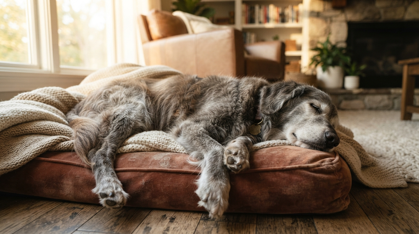 Grand chien senior se reposant paisiblement, thème articulations et santé