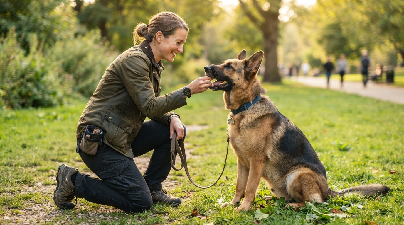 Dressage : un maître récompense un grand chien avec une friandise