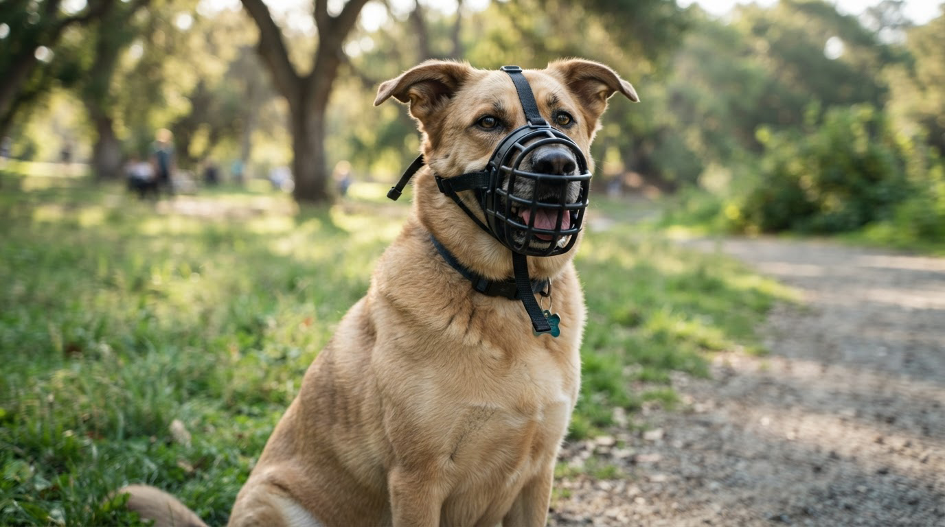 Grand chien calme portant une muselière panier en extérieur