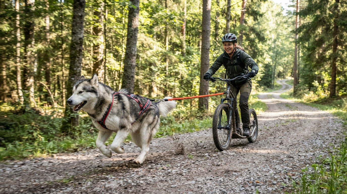 Chien tractant une trottinette sur un chemin en bikejoring