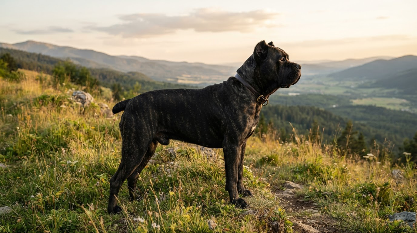 Cane Corso puissant sur colline