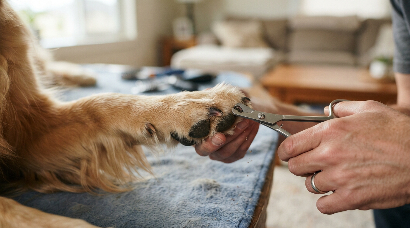 Gros plan d'une patte de chien pendant la coupe des griffes avec un coupe-griffe