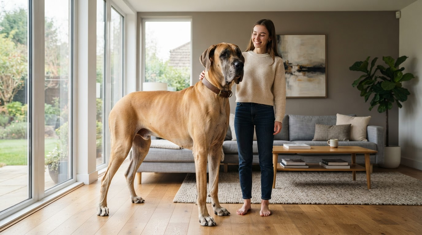 Chien géant Dogue Allemand à côté d'une personne pour l'échelle