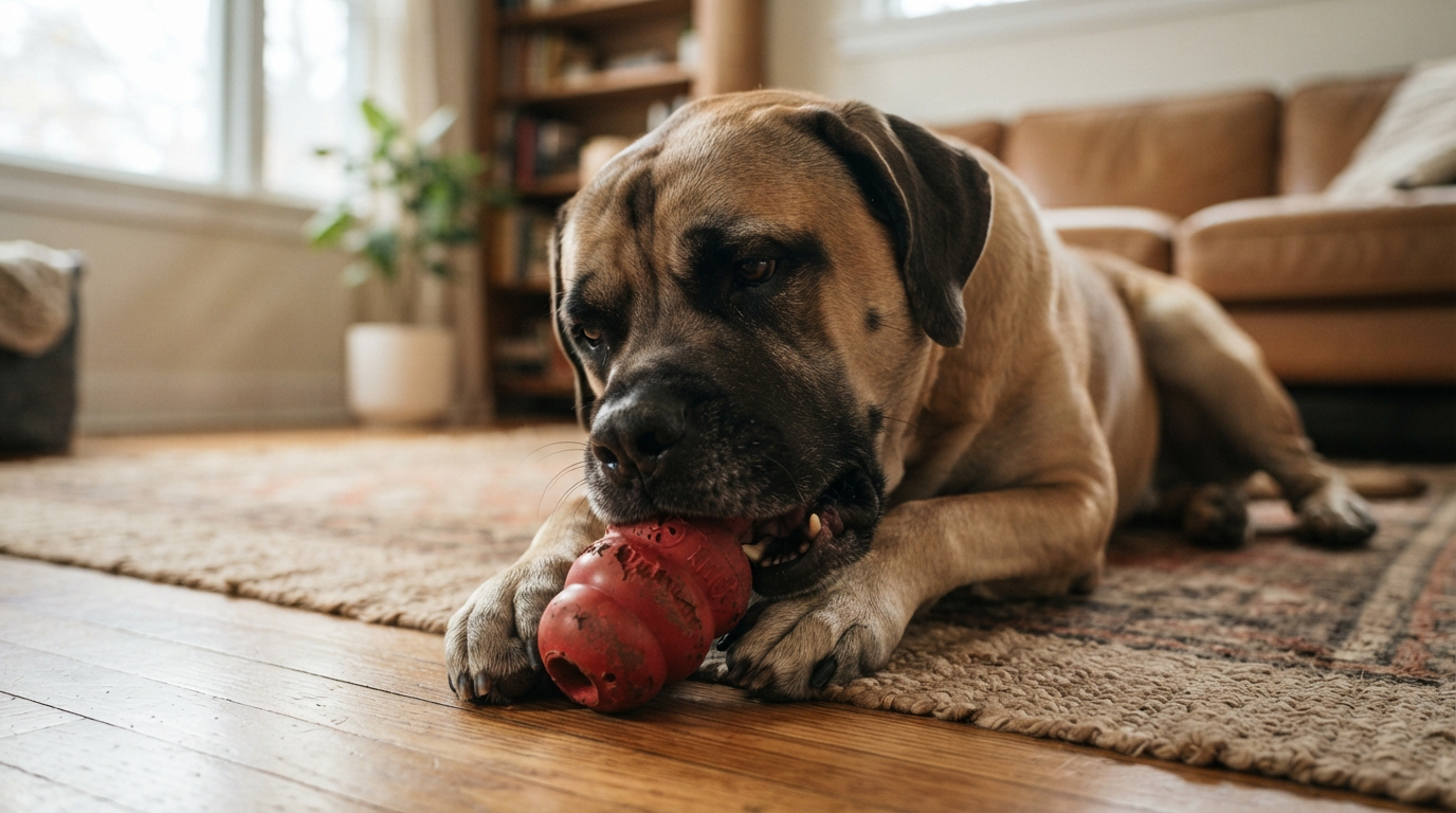 Gros chien mâchant un jouet résistant pour chiens destructeurs