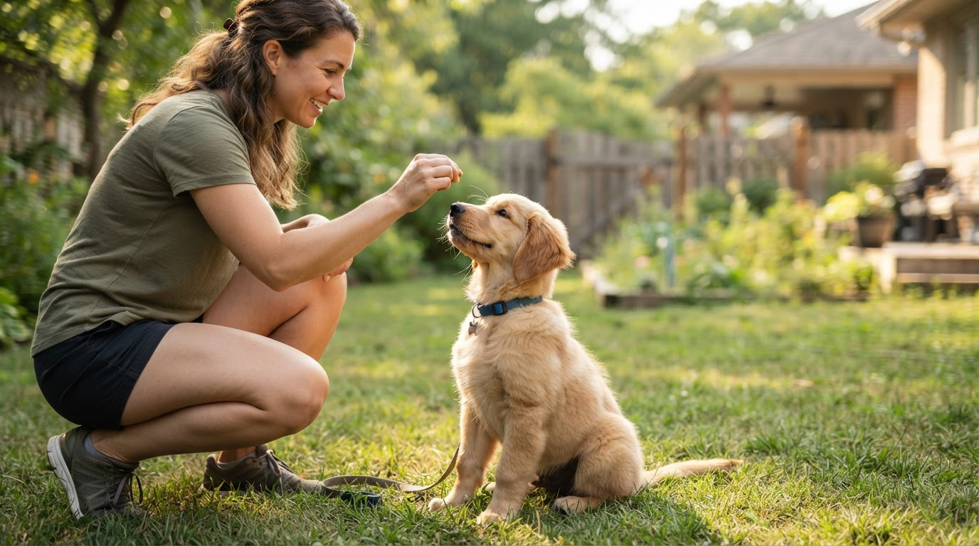 Grand chiot en pleine séance d'éducation