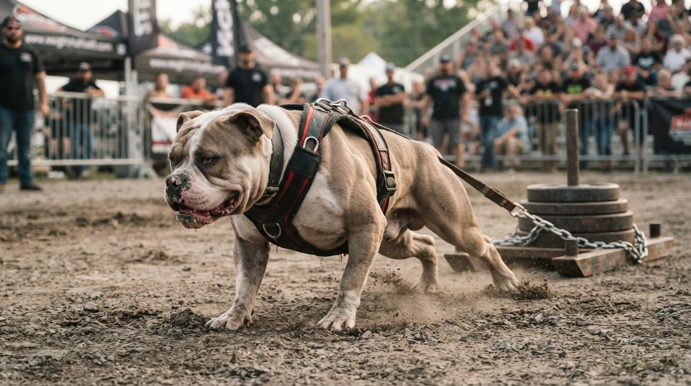 Chien musclé tractant une charge en weight pulling avec harnais de traction