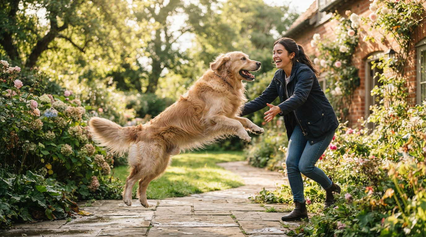 Grand chien sautant joyeusement pour accueillir une personne