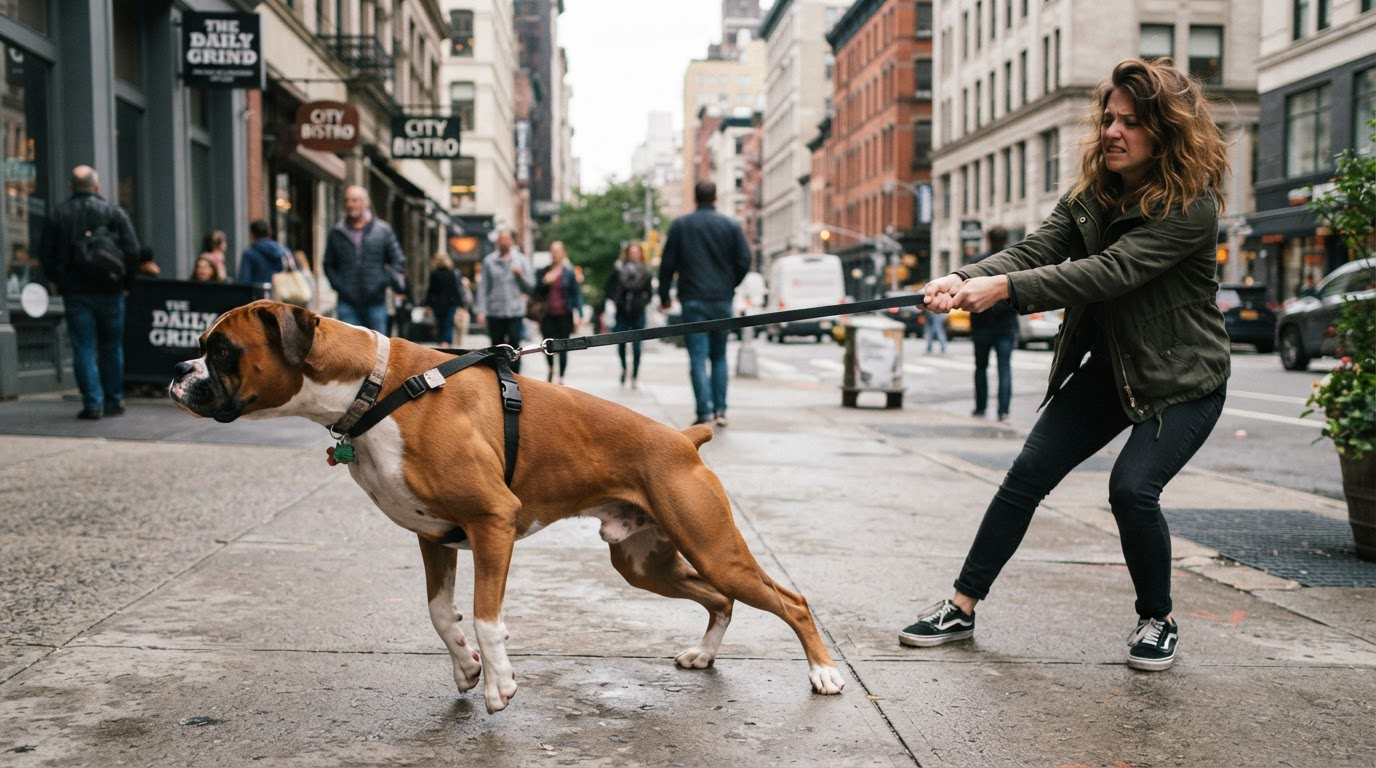 Grand chien tirant fort sur sa laisse en promenade urbaine