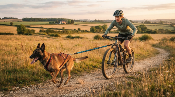 Cycliste et chien en attelage en cani-VTT sur un chemin