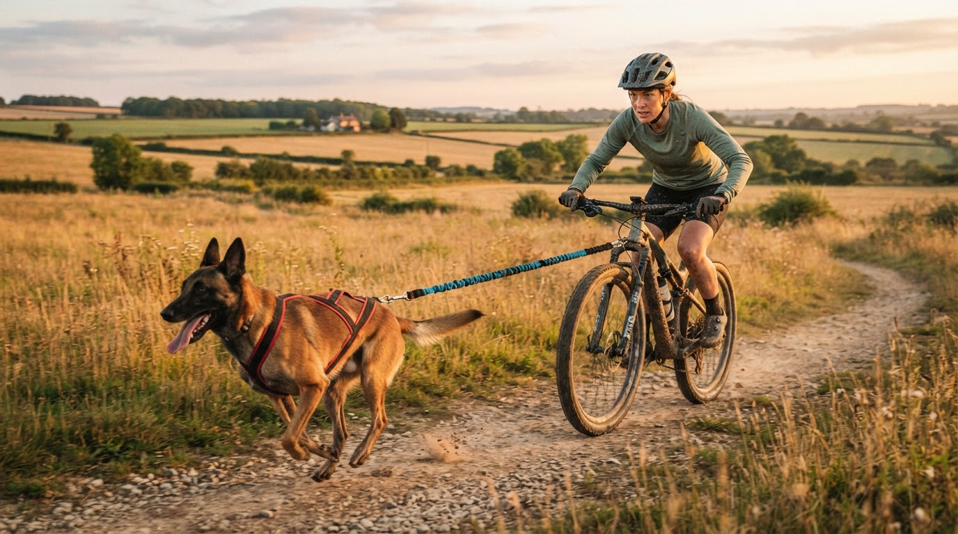 Cycliste et chien en attelage en cani-VTT sur un chemin