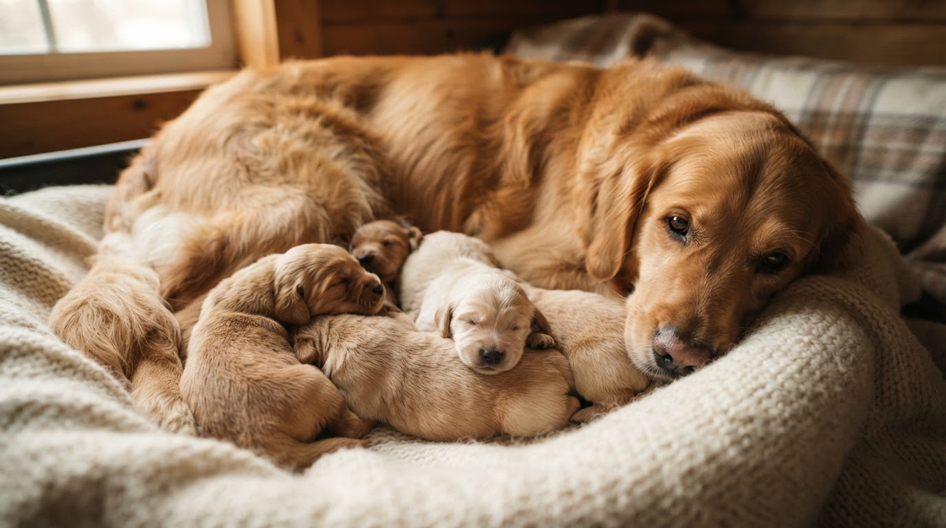 Portée de chiots nouveau-nés avec leur mère, scène douce