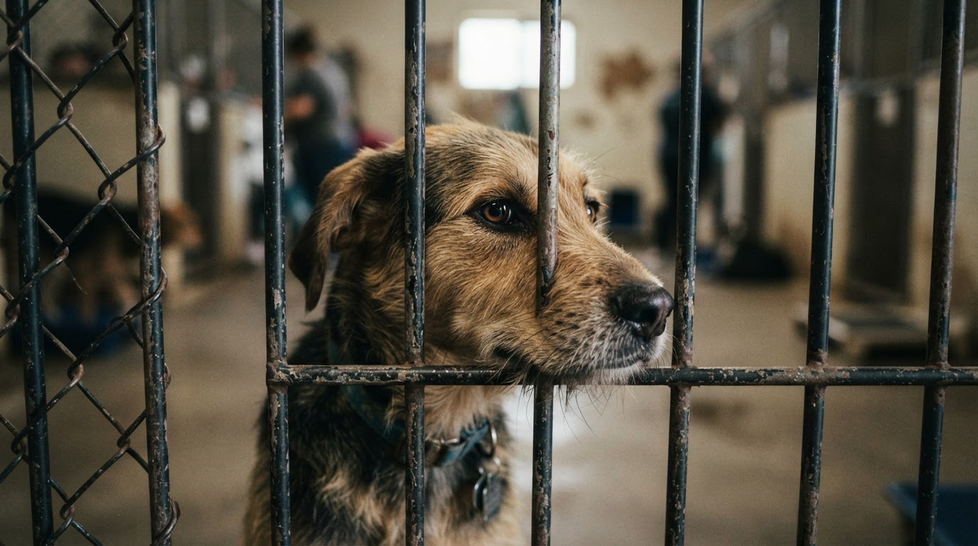 Chien dans un refuge regardant avec espoir à travers une grille