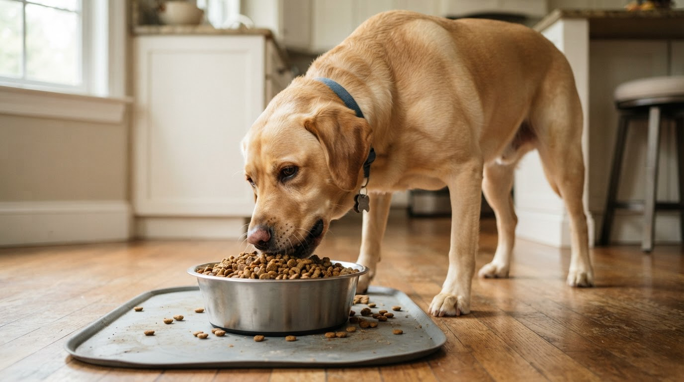 Grand chien mangeant dans une gamelle bien remplie