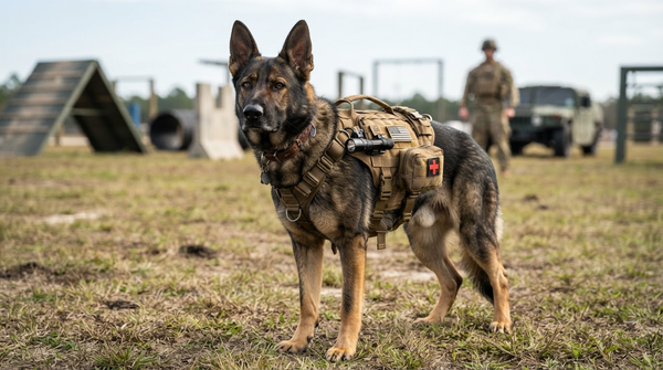 Chien K9 portant un harnais tactique, équipement de chien militaire