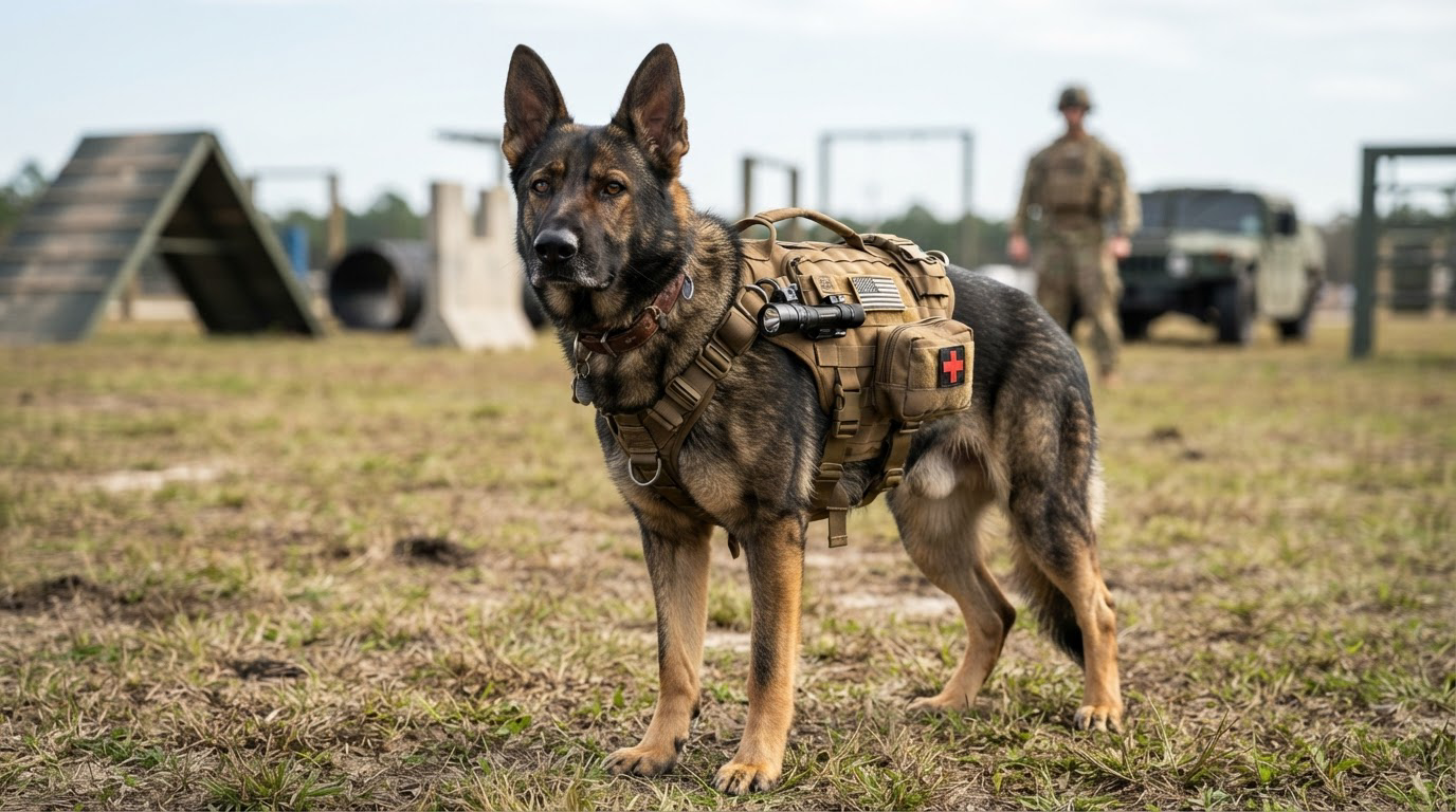 Chien K9 portant un harnais tactique, équipement de chien militaire