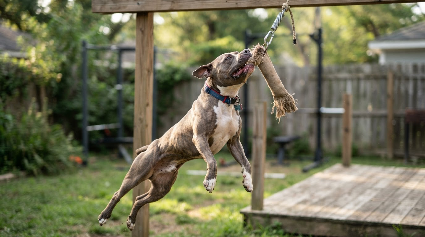 Chien suspendu mordant un jouet accroché à un spring pole