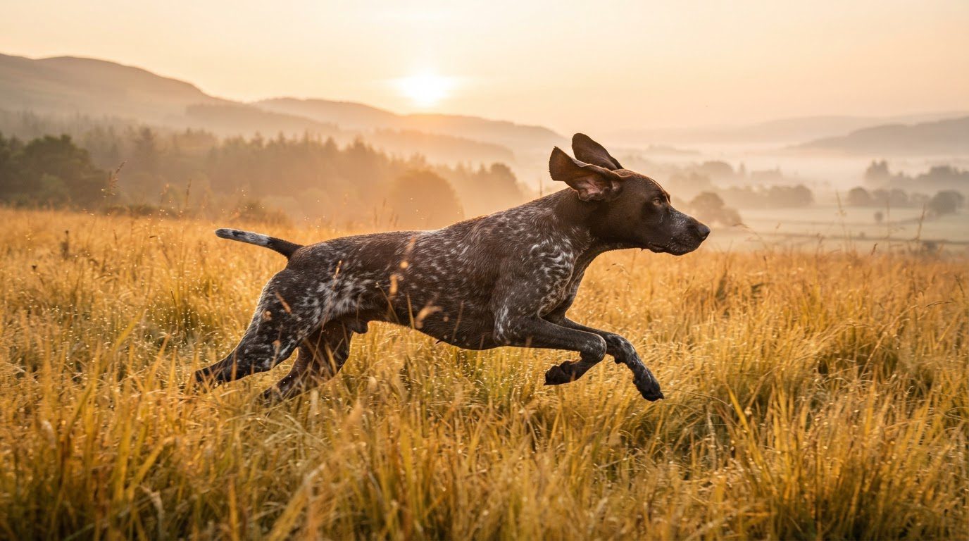 Grand chien de chasse en action dans un champ à l'aube