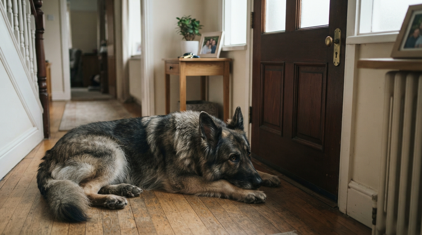 Chien seul à la maison regardant tristement la porte