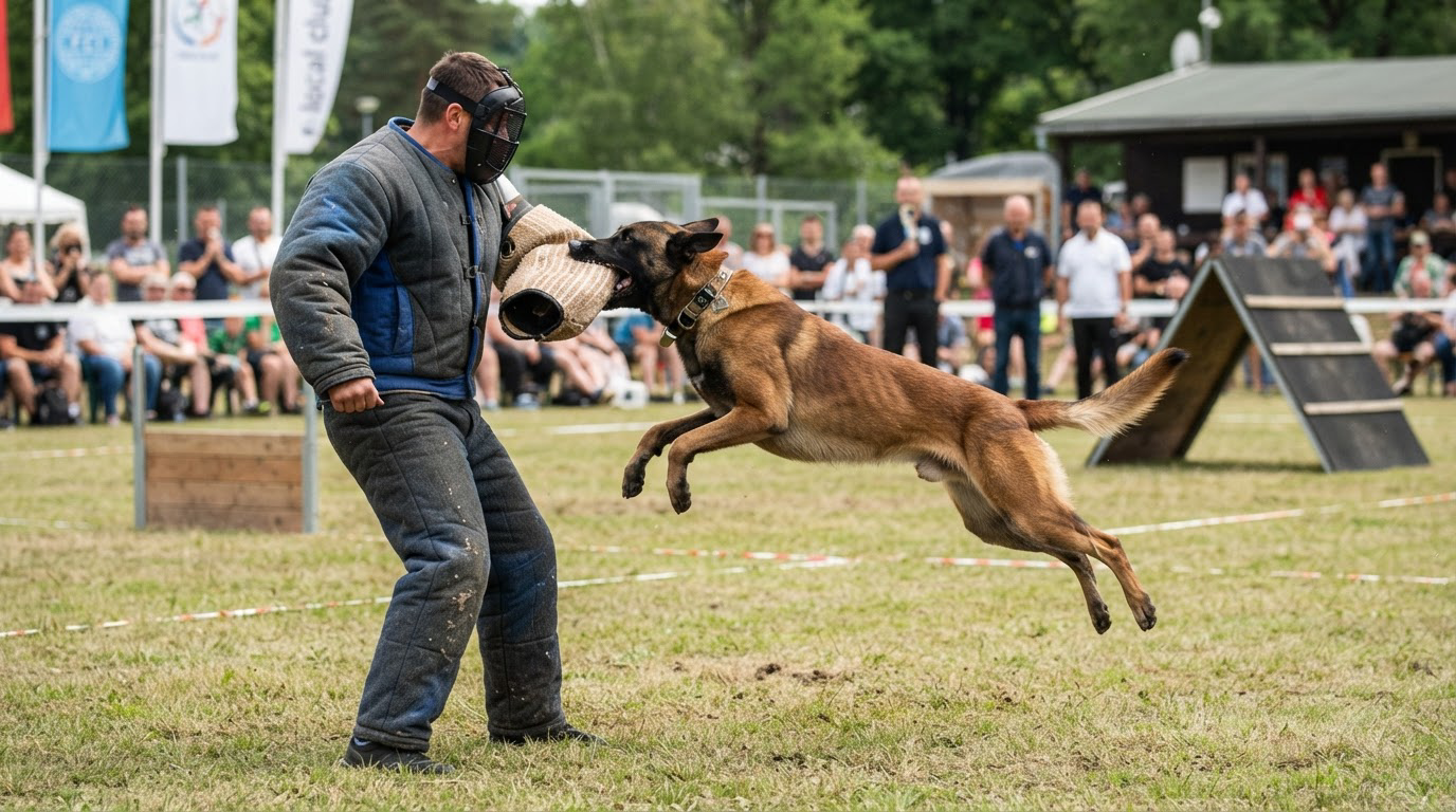 Chien de défense sportif mordant un costume en mondioring