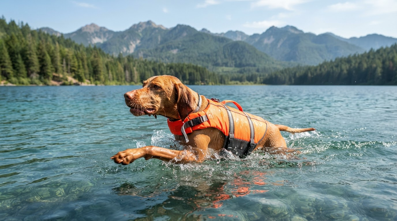 Grand chien nageant dans un lac avec un gilet de sauvetage