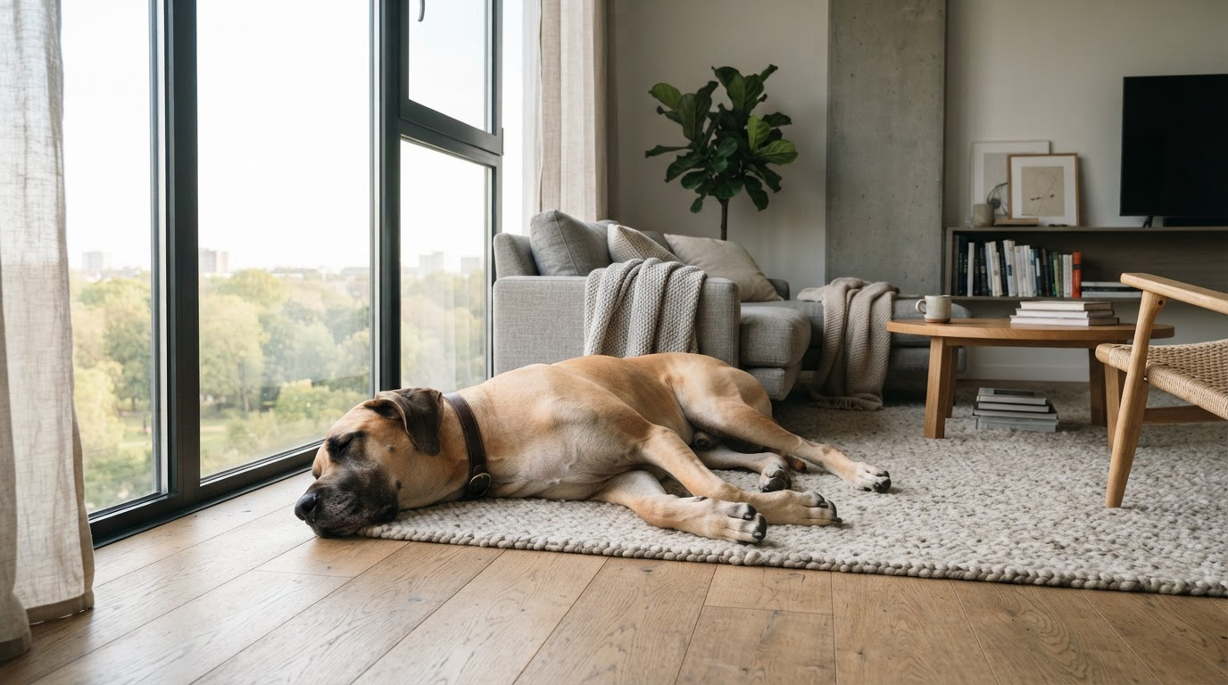Grand chien calme couché dans un salon lumineux