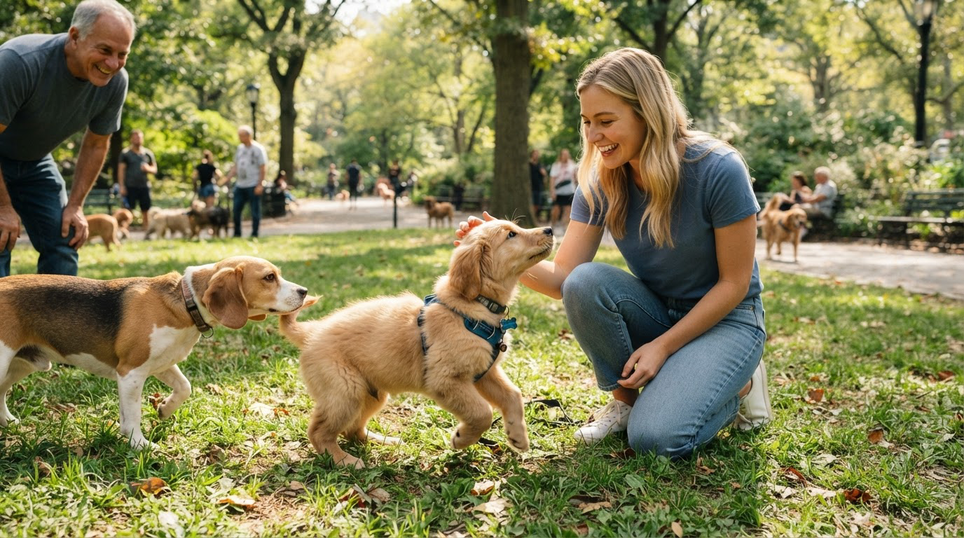 Chiot en pleine socialisation, rencontrant des gens et d'autres chiens