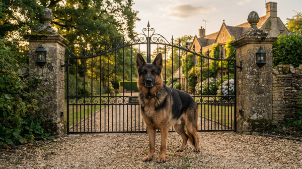 Imposant chien de garde devant une propriété