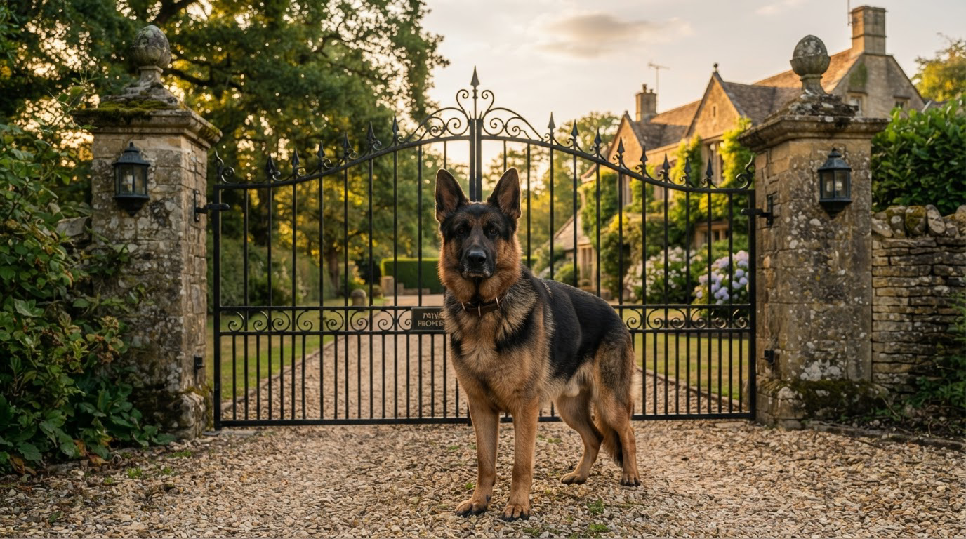 Imposant chien de garde devant une propriété