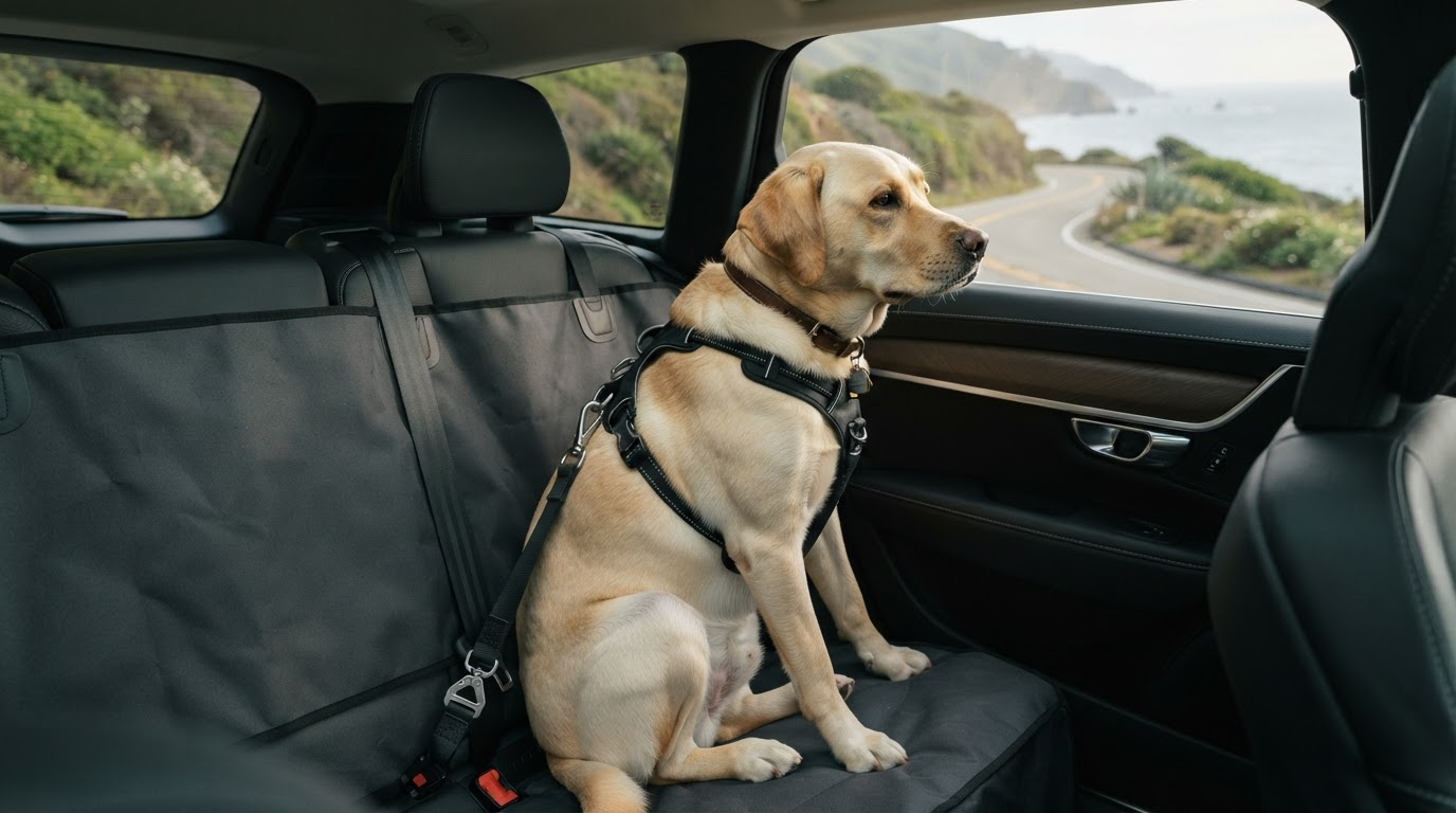 Chien attaché en sécurité dans une voiture