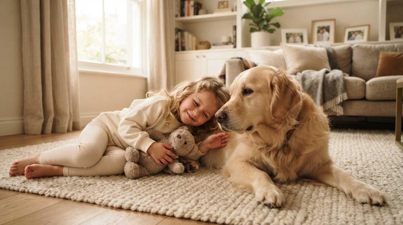 Grand chien doux allongé calmement à côté d'un enfant, sécurité