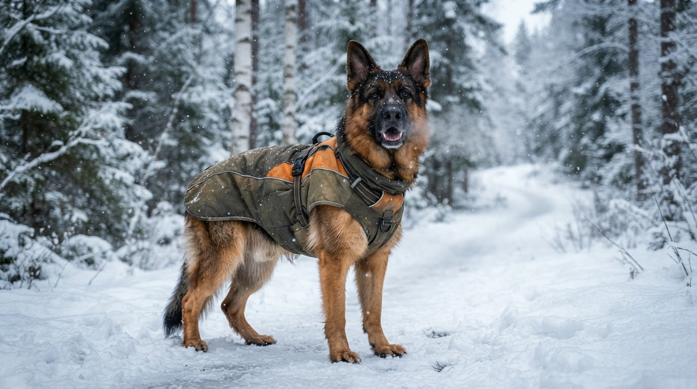 Grand chien portant un manteau chaud sous la neige