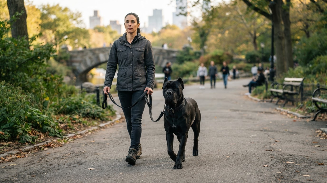 Grand chien puissant à l'air sérieux mais maîtrisé en laisse