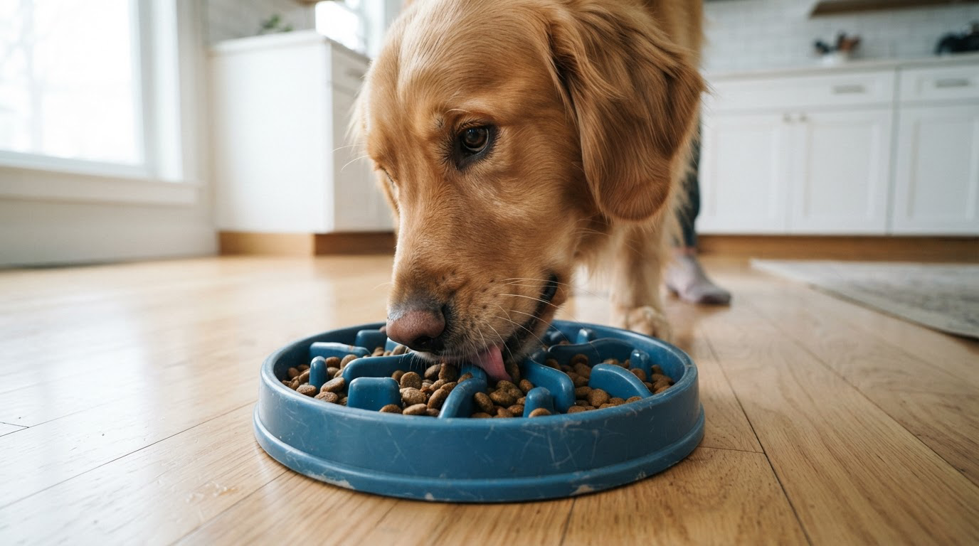Grand chien mangeant dans une gamelle anti-glouton à picots