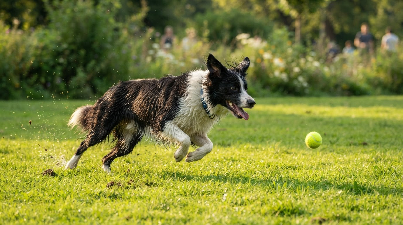 Grand chien courant après une balle dans l'herbe