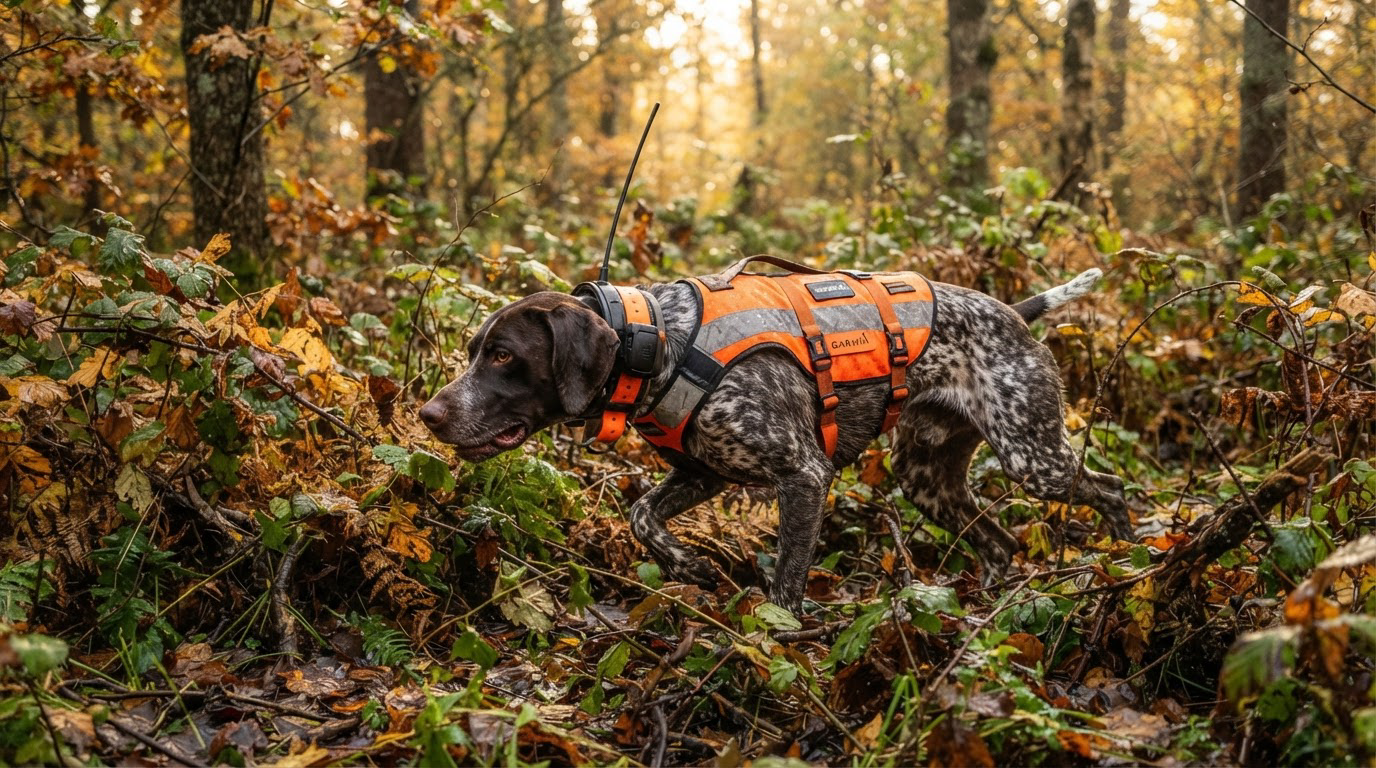 Chien de chasse équipé en pleine battue